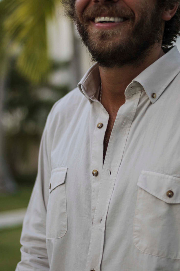 Cotton Shirt Two Pockets Chest Worn Ivory