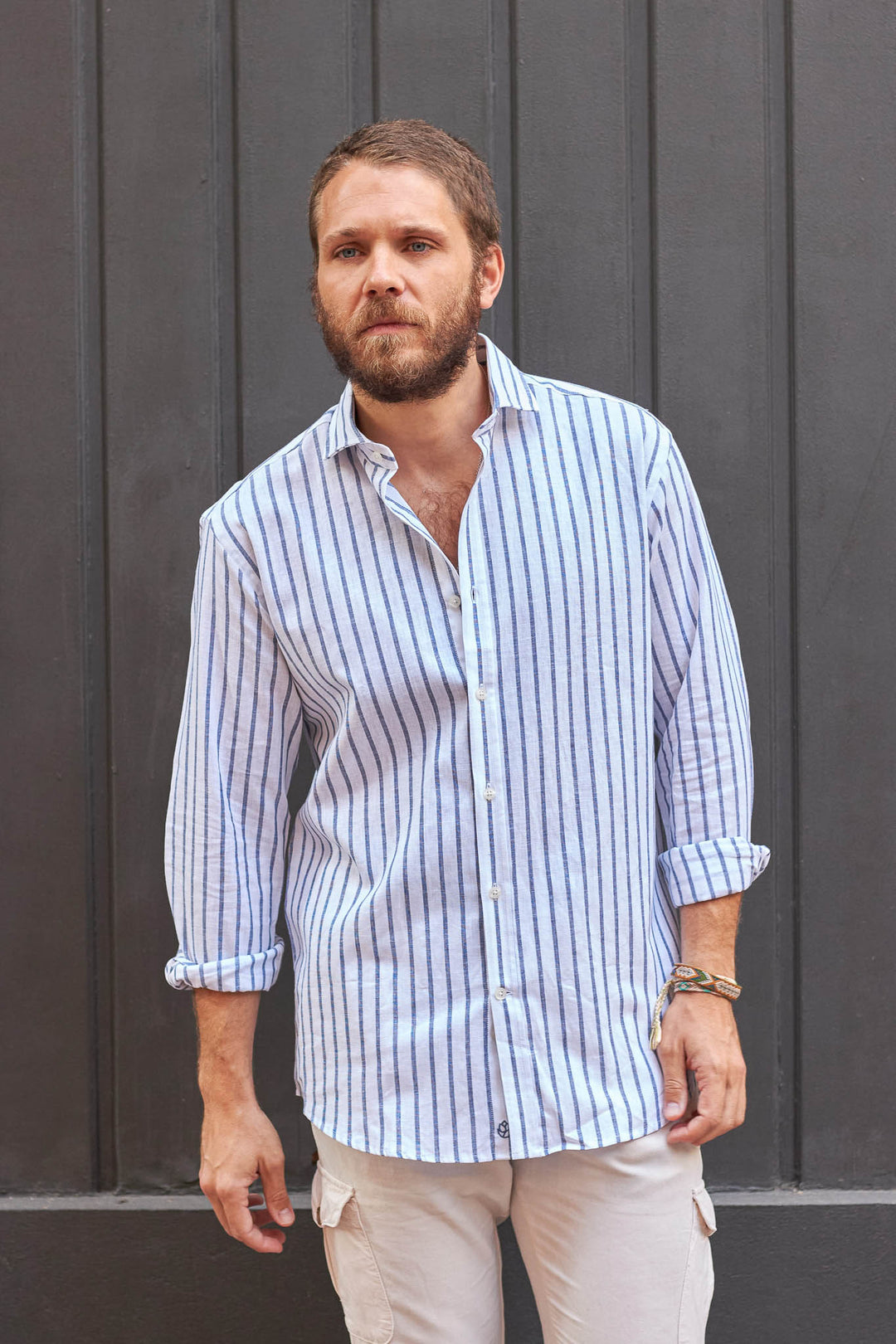 100% Linen Shirt, White with Navy Blue Stripes