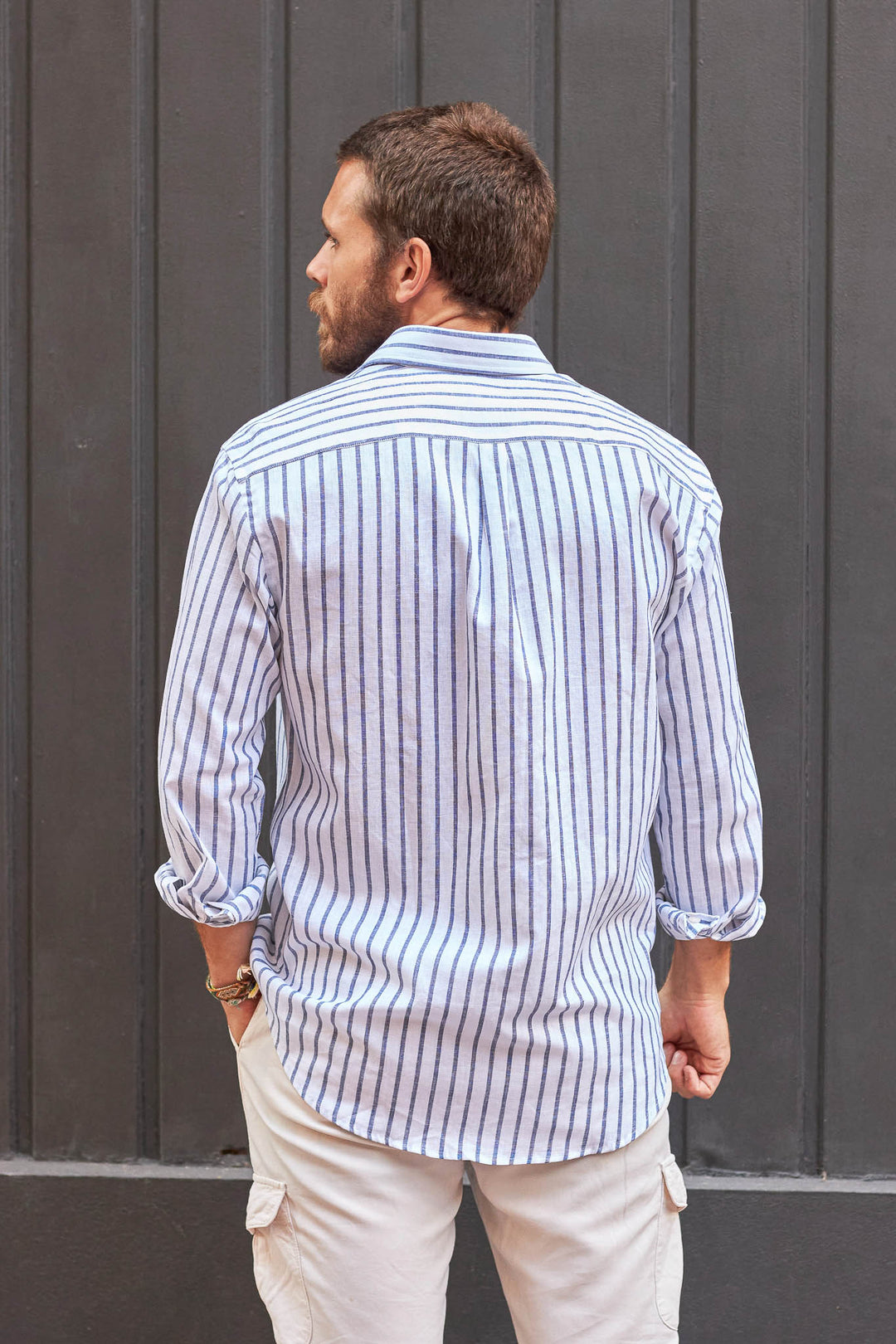 100% Linen Shirt, White with Navy Blue Stripes