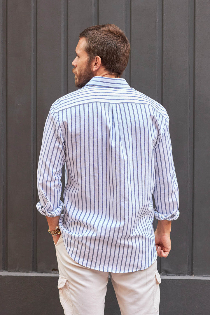 100% Linen Shirt, White with Navy Blue Stripes