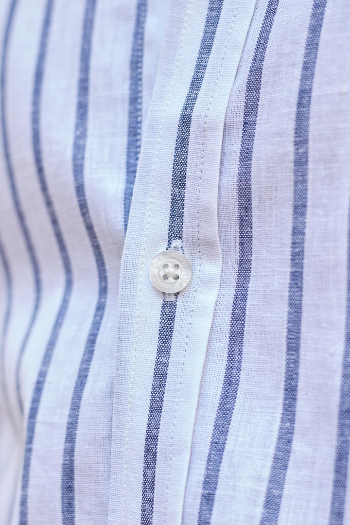 100% Linen Shirt, White with Navy Blue Stripes