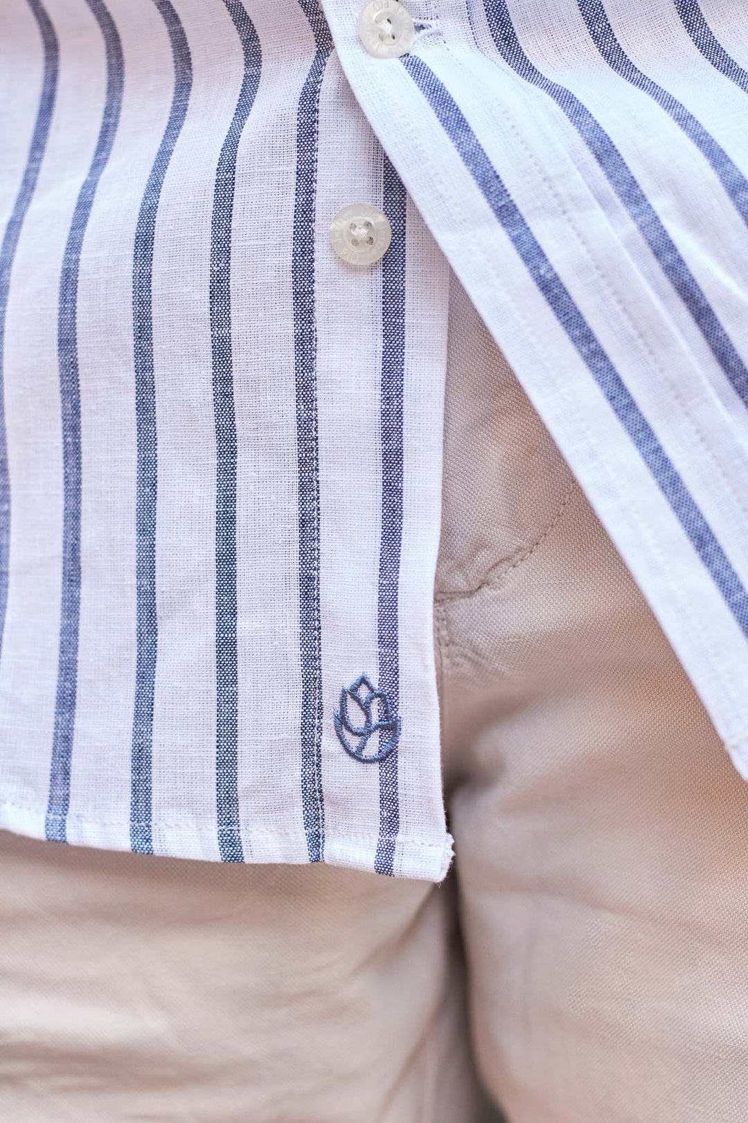 100% Linen Shirt, White with Navy Blue Stripes