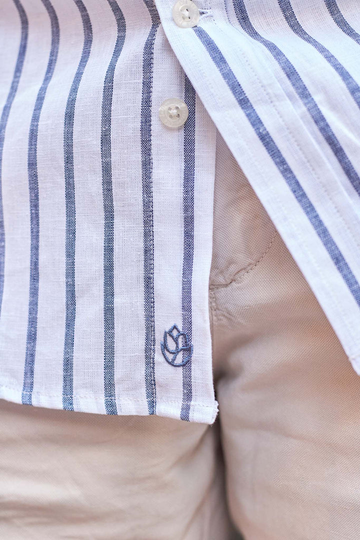 100% Linen Shirt, White with Navy Blue Stripes