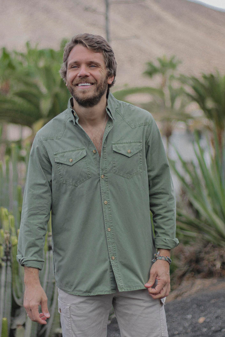 Green Cotton Hunting Texan Shirt with Chest Pockets with Placket