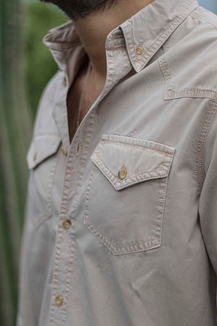 Sand Beige Cotton Denim Shirt with Chest Pockets with Placket