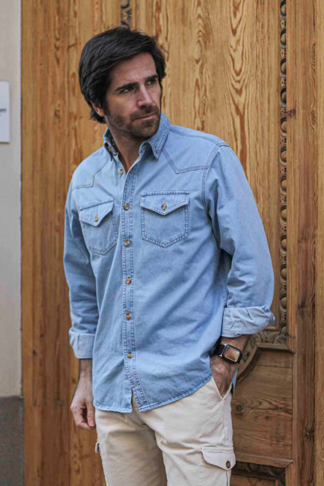 Oversized Denim Shirt with Chest Pockets and Placket