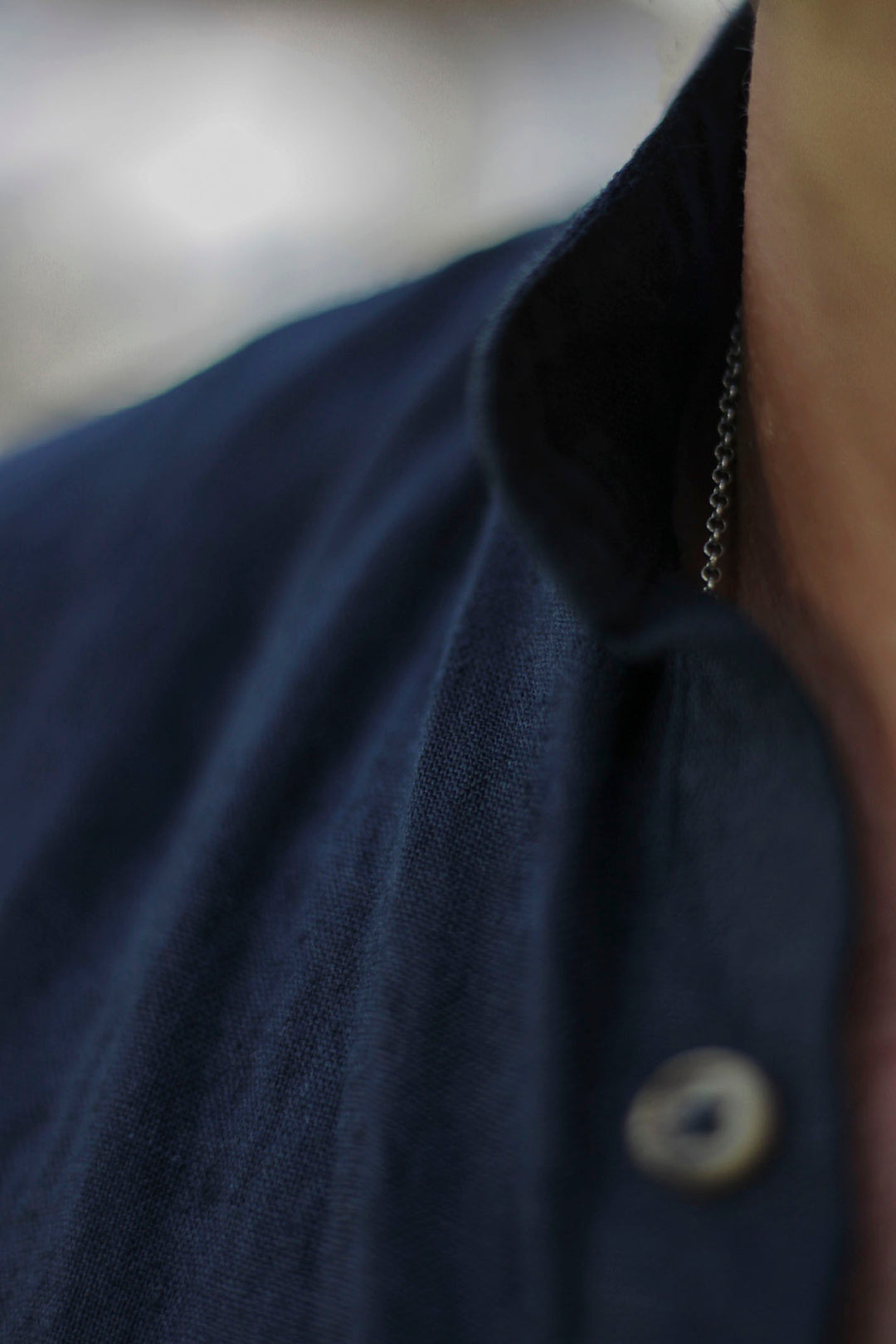 Navy Blue Linen Mandarin Collar Shirt with Horn Buttons