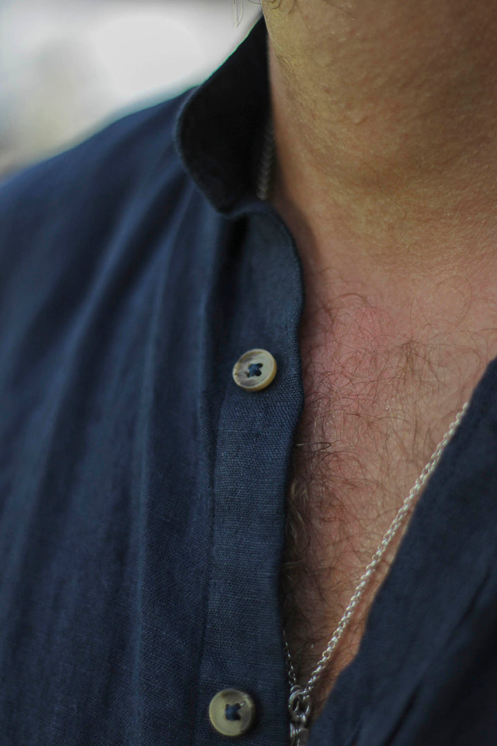 Navy Blue Linen Mandarin Collar Shirt with Horn Buttons