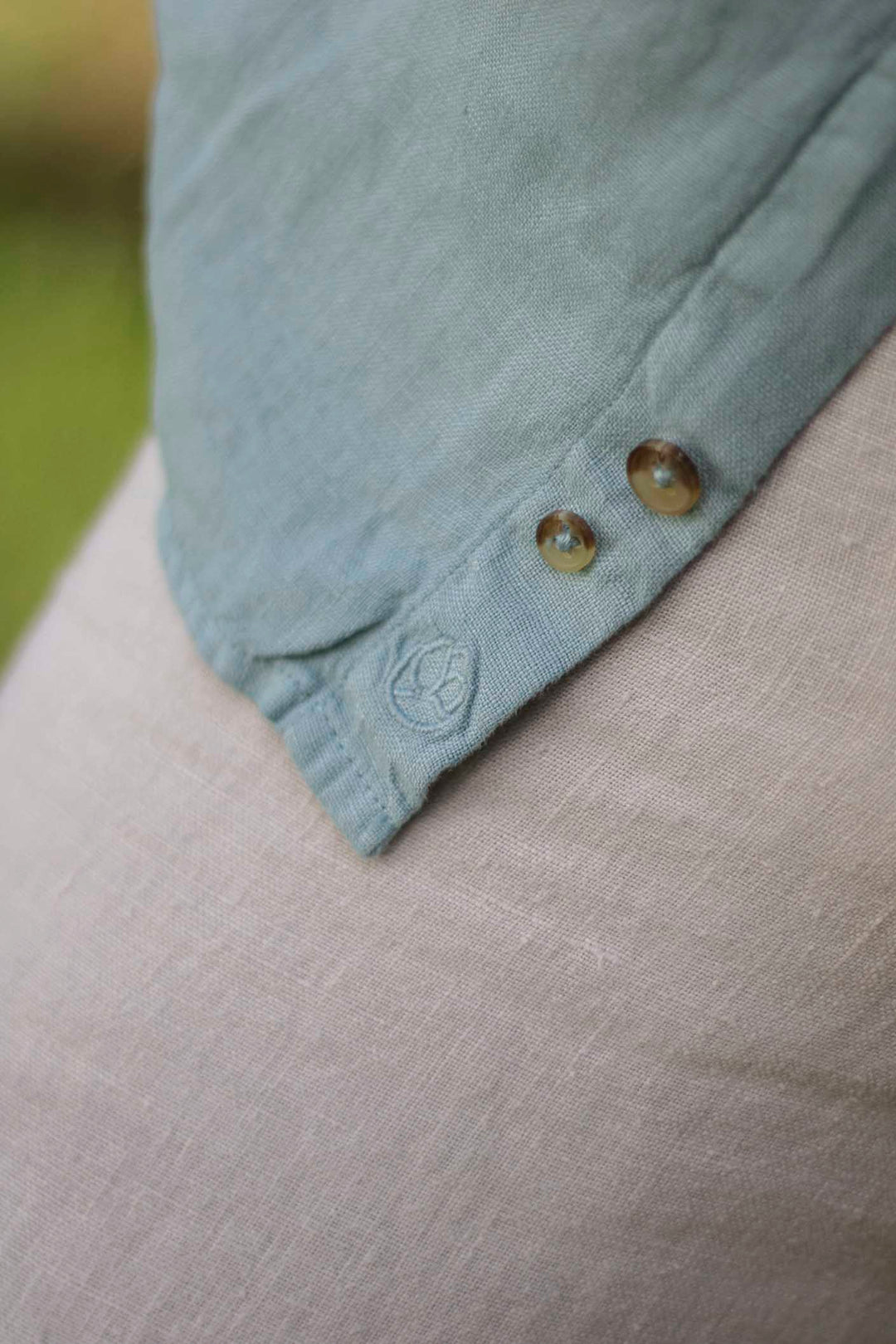 Water Green Mao Collar Linen Shirt with Horn Buttons