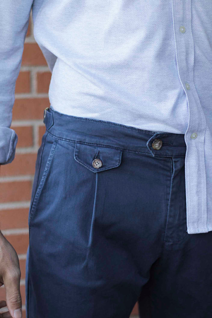 Navy Blue Twill Chino Pants with Watchmaker, Belts and Front Clip
