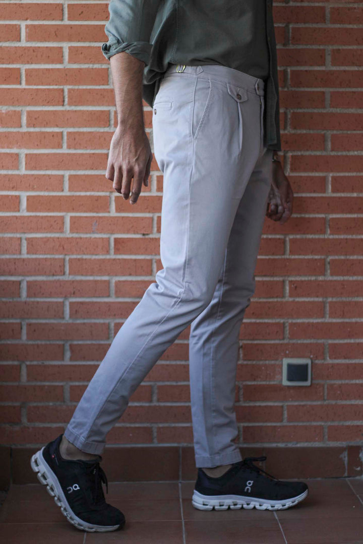 Pearl Gray Twill Chino Pants with Watchmaker, Belts and Front Clip