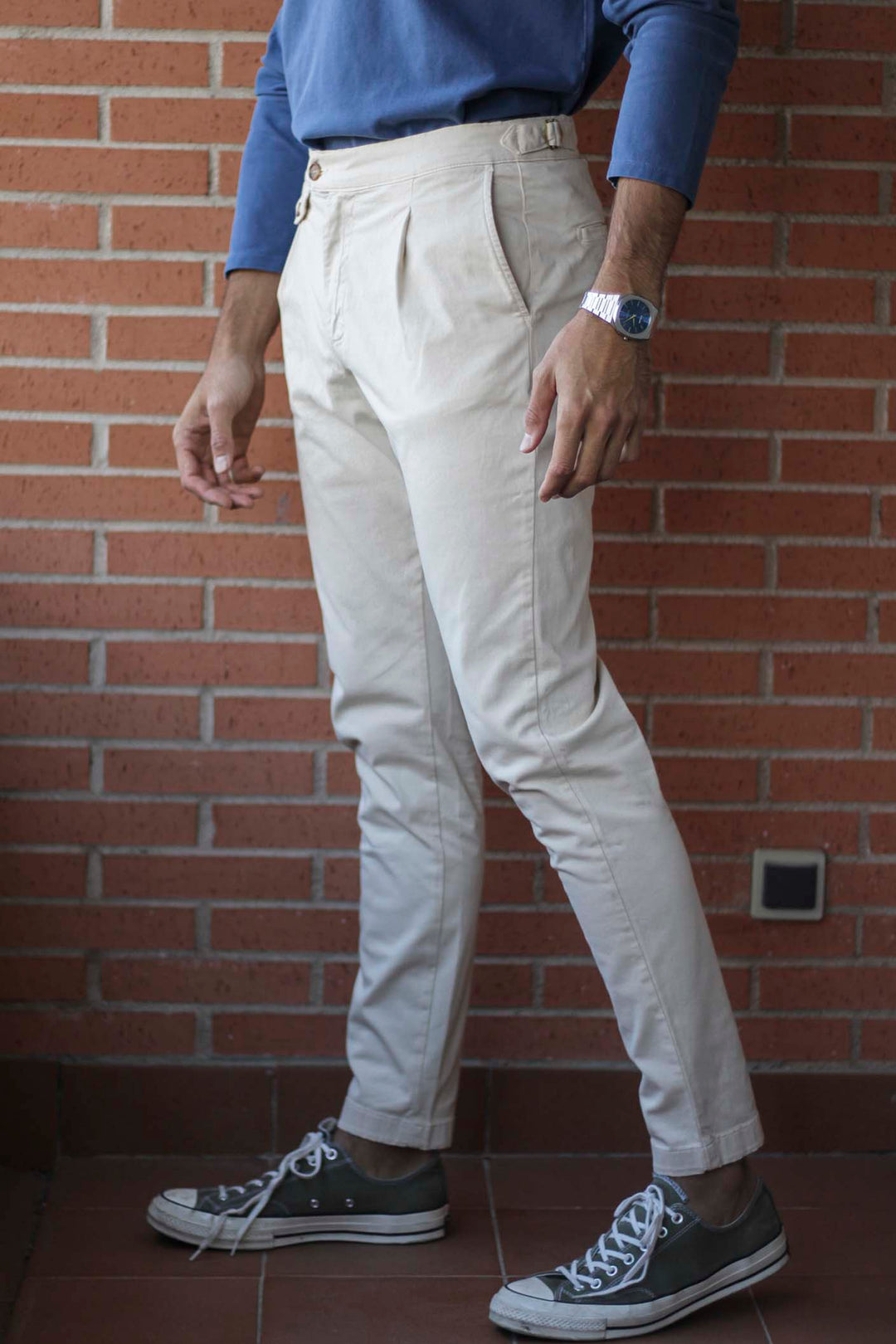 Bone Twill Chino Pants with Watchmaker, Belts and Front Pleat