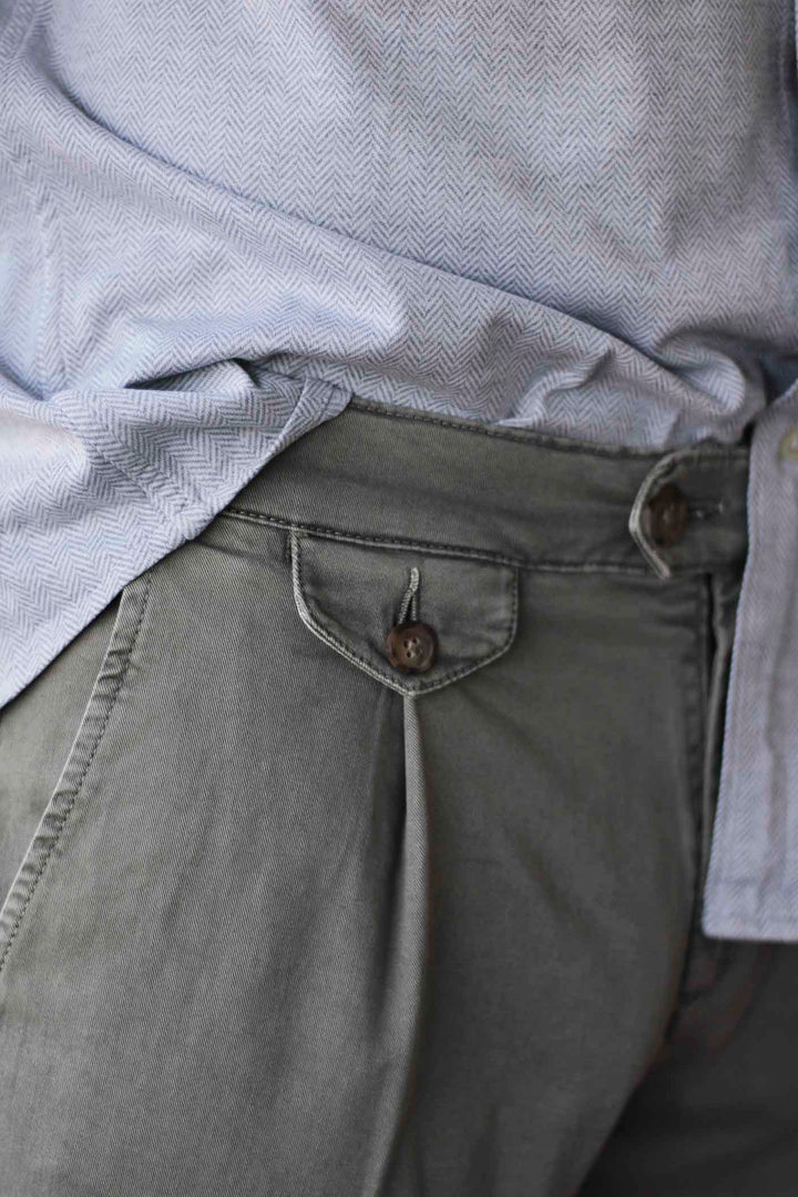 Distressed Khaki Twill Chino Pants with Watchmaker, Belts and Front Pleat