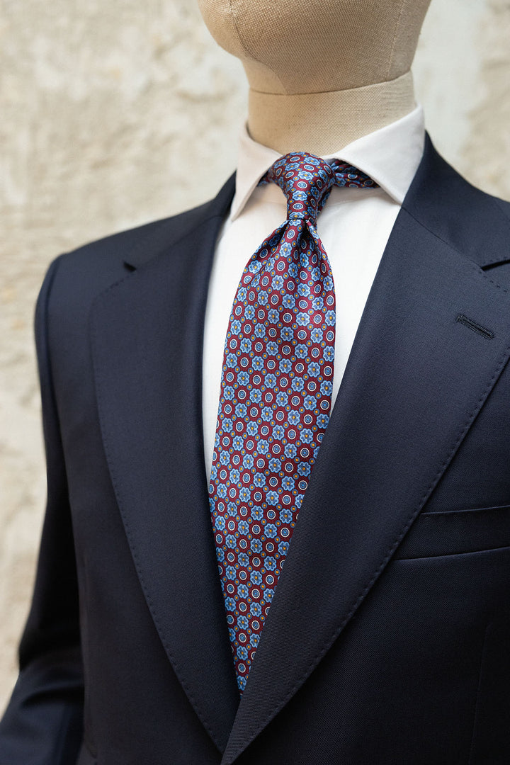 Corbata Napoli Seda Burdeos Geometría Floral Azul