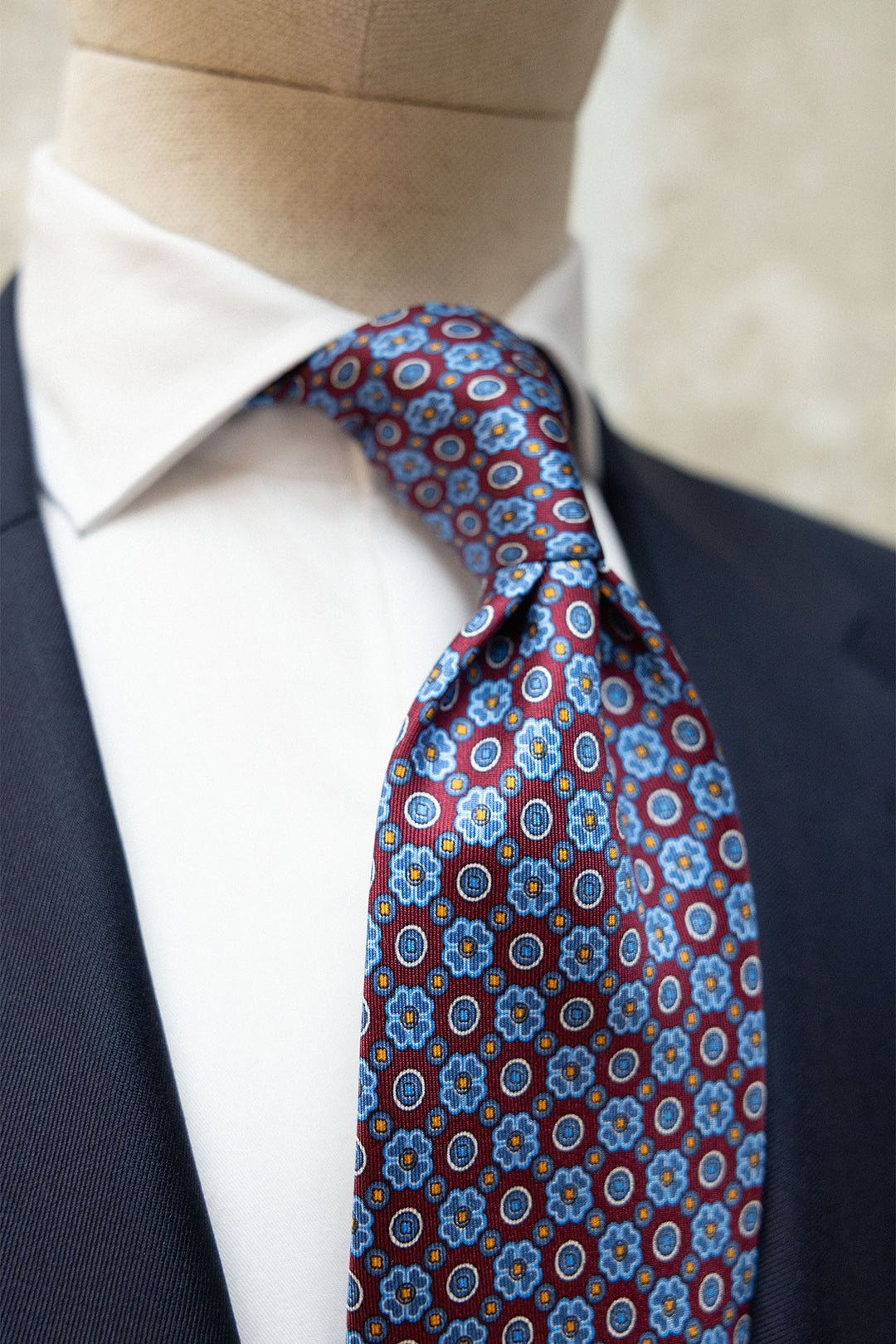 Corbata Napoli Seda Burdeos Geometría Floral Azul