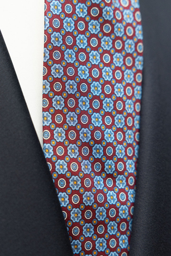 Corbata Napoli Seda Burdeos Geometría Floral Azul