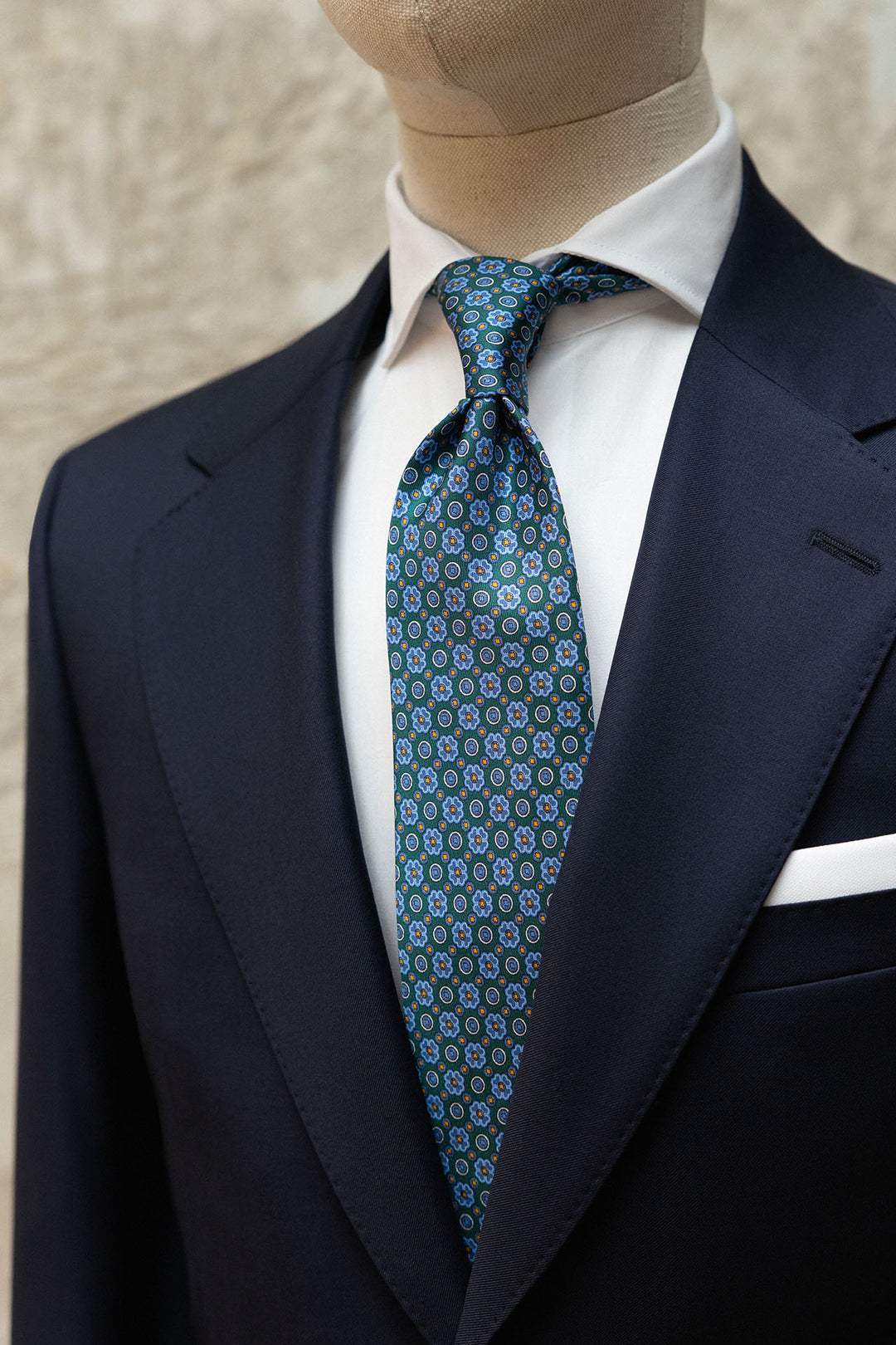 Corbata Napoli Seda Verde Geometría Floral Azul