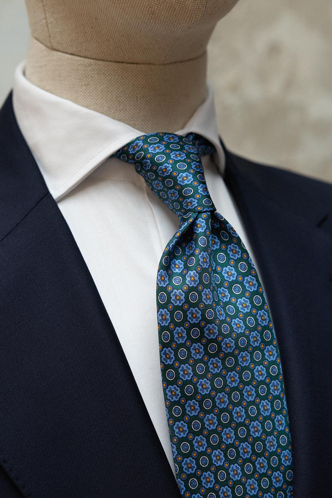 Corbata Napoli Seda Verde Geometría Floral Azul