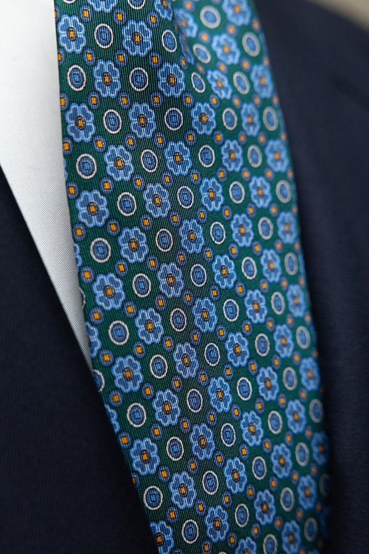Corbata Napoli Seda Verde Geometría Floral Azul