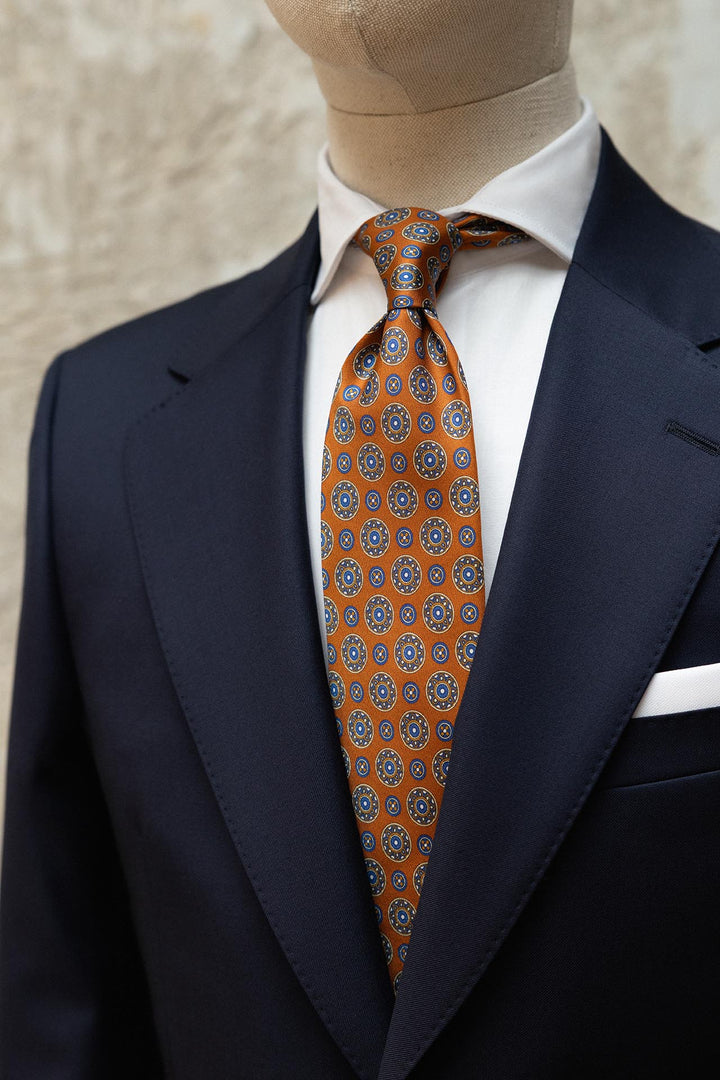 Corbata Napoli Seda Naranja Geometría Circular Azul y Beige