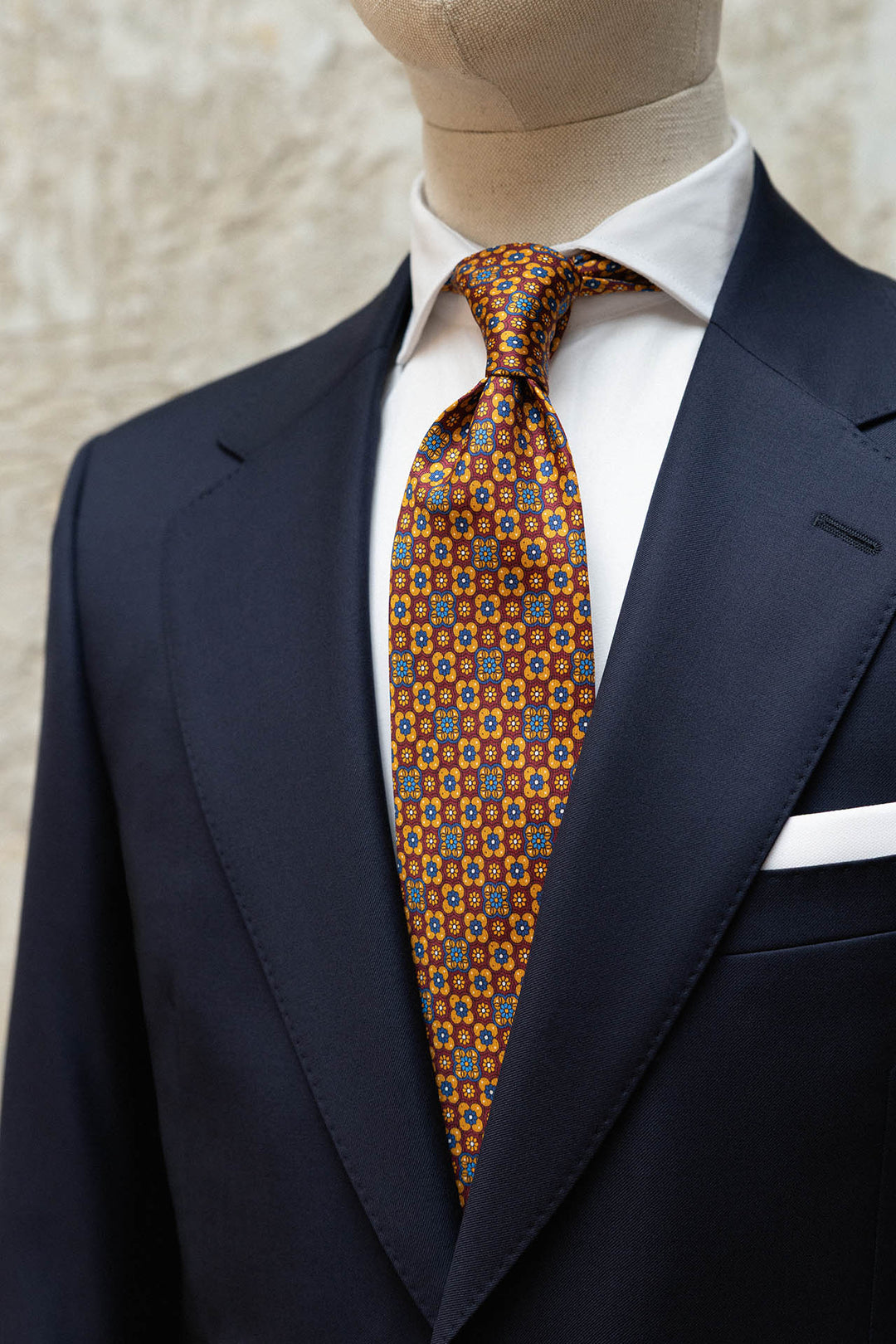 Corbata Napoli Seda Rojo Geometría Floral Azul y Naranja