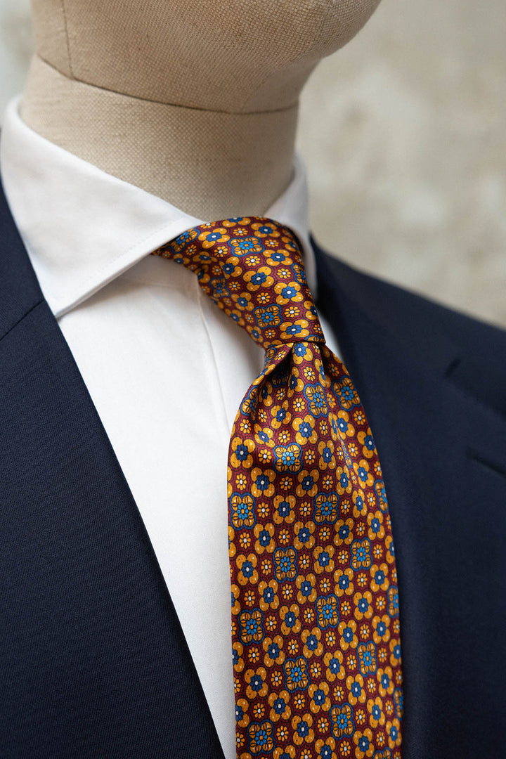 Corbata Napoli Seda Naranja Geometría Floral Ocre