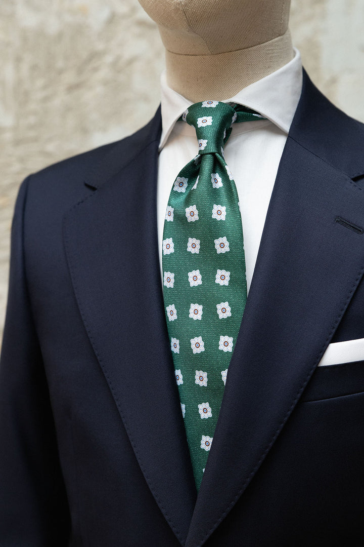 Corbata Napoli Seda Verde Flores Azules