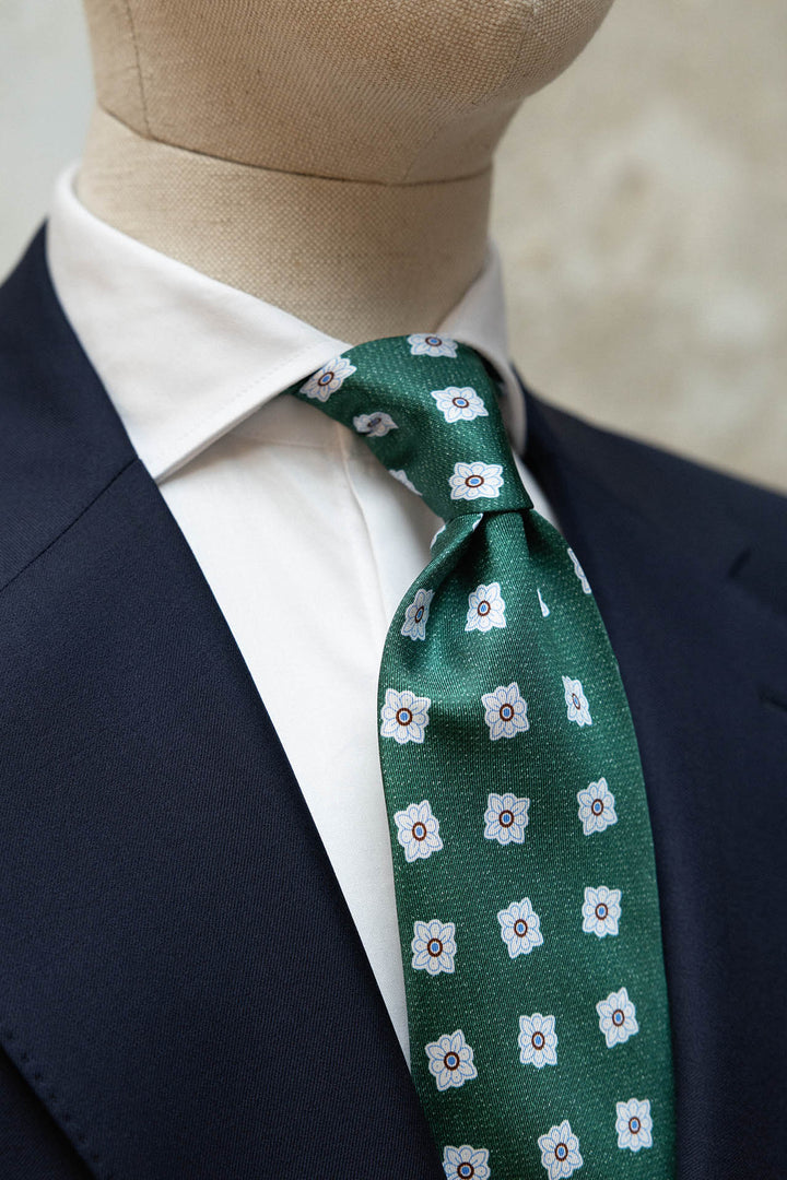 Corbata Napoli Seda Verde Flores Azules