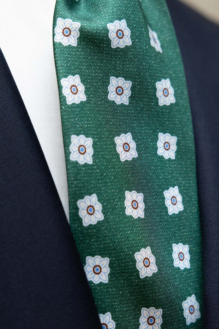 Corbata Napoli Seda Verde Flores Azules