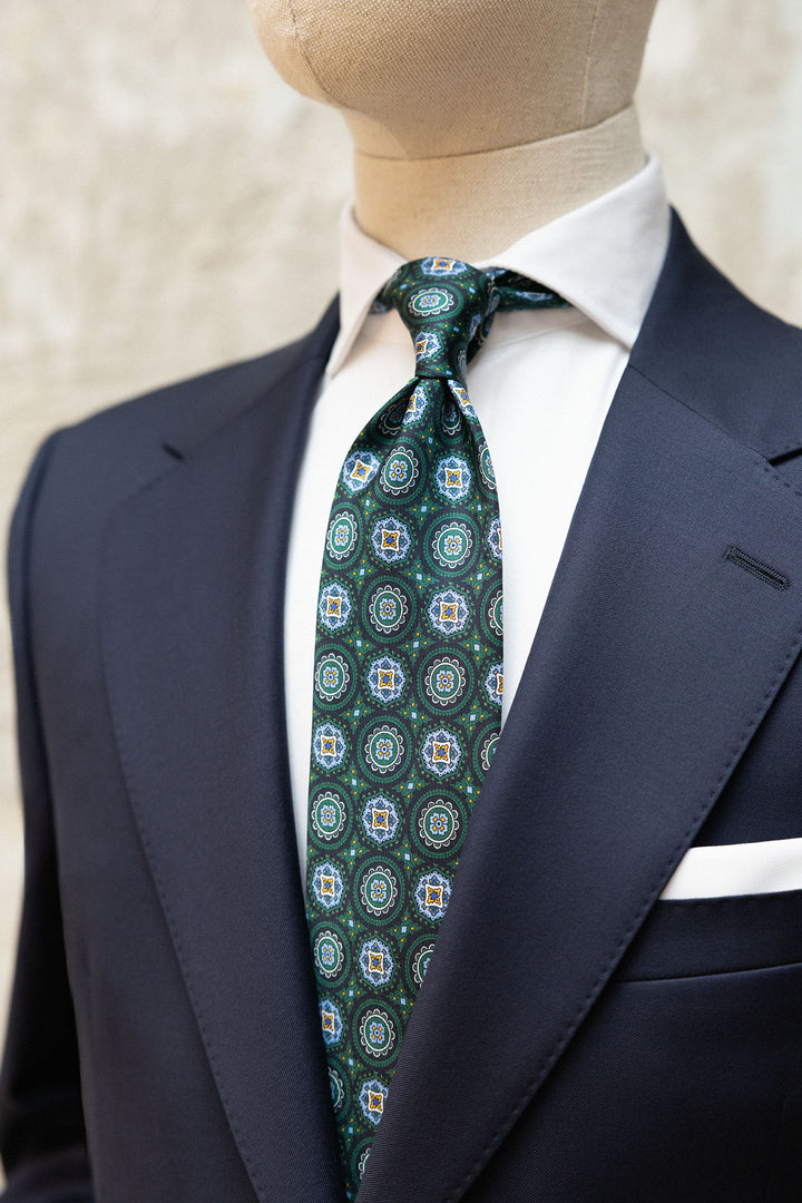 Corbata Napoli Seda Verde Geometria Medallón Azul, Amarillo y Verde