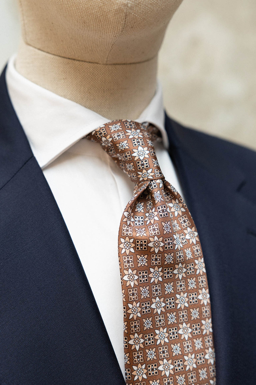 Corbata Napoli Seda Beige Geometria Mixta Floral