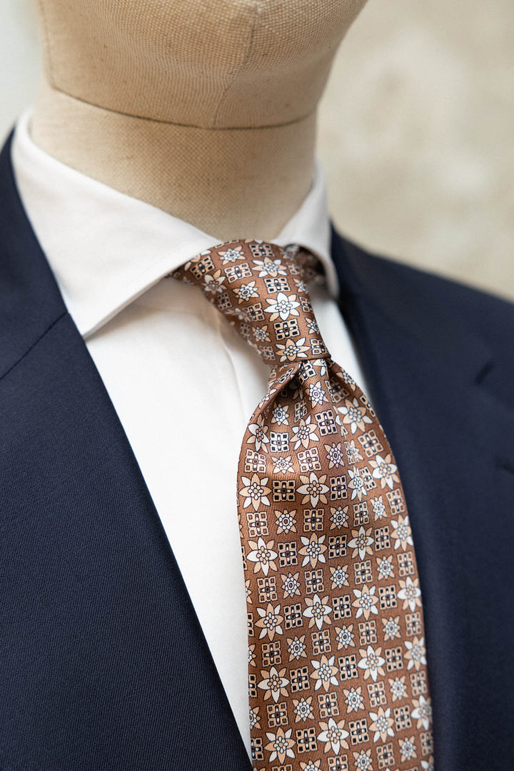 Corbata Napoli Seda Beige Geometria Mixta Floral