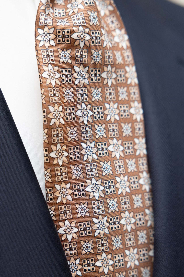 Corbata Napoli Seda Beige Geometria Mixta Floral