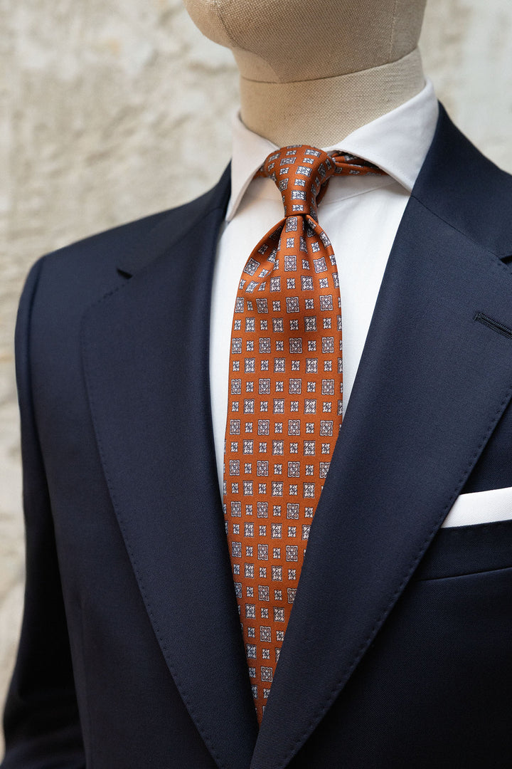 Corbata Napoli Seda Naranja Geometría Mixta Gris