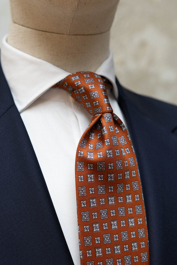 Corbata Napoli Seda Naranja Geometría Mixta Gris
