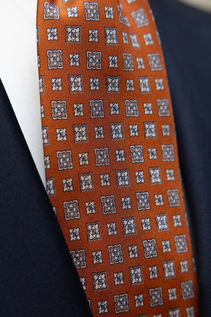 Corbata Napoli Seda Naranja Geometría Mixta Gris