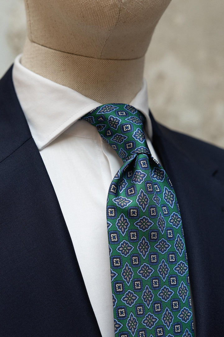 Corbata Napoli Seda Verde Geometria Floral Azul y Ocre