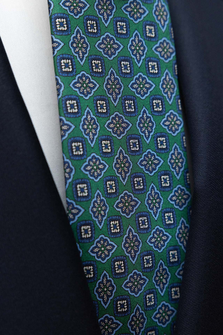 Corbata Napoli Seda Verde Geometria Floral Azul y Ocre