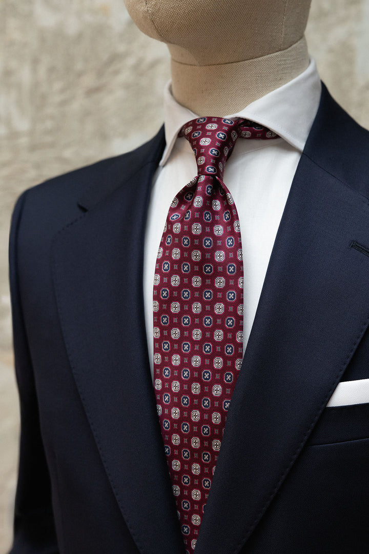 Corbata Napoli Seda Burdeos Geometria Octogonal Ocre