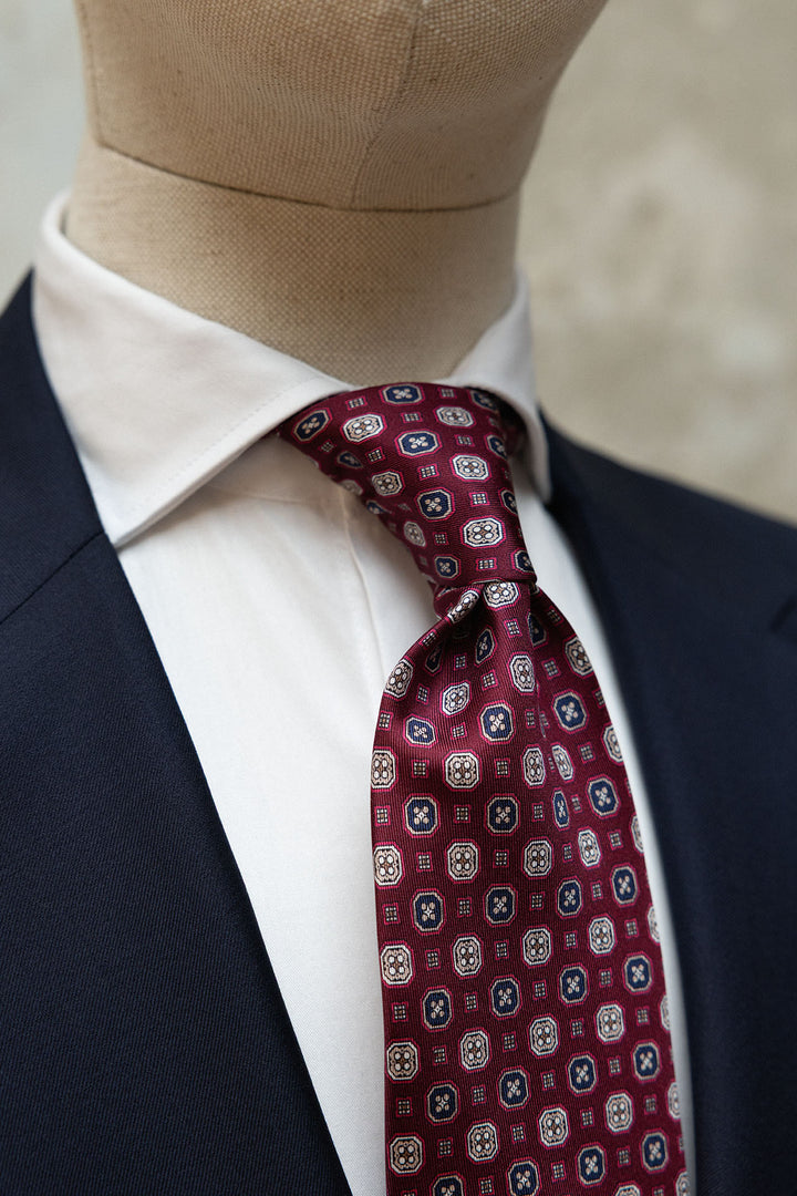 Corbata Napoli Seda Burdeos Geometria Octogonal Ocre