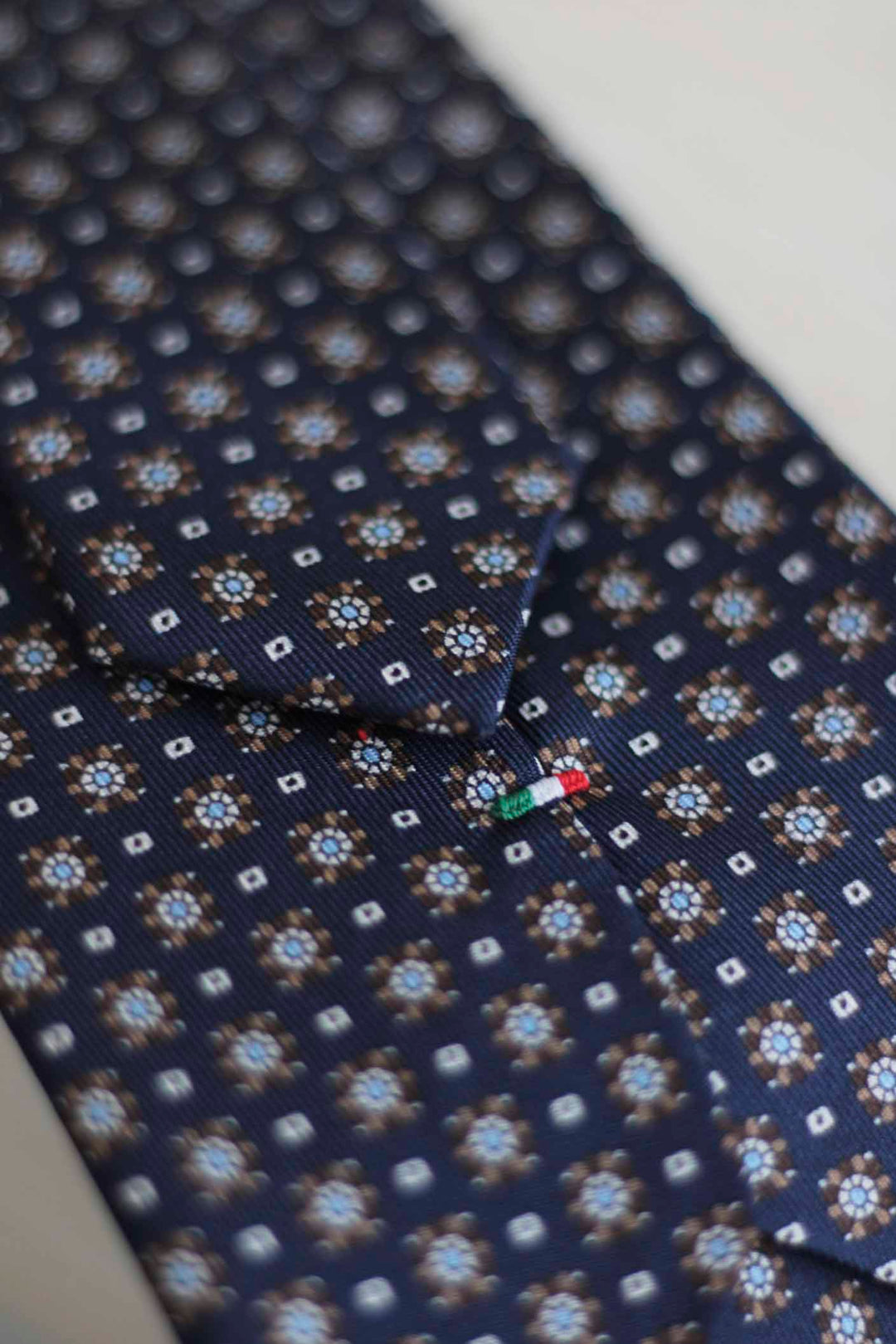 Napoli Blue Silk Tie Circular Geometry White and Mocca Brown