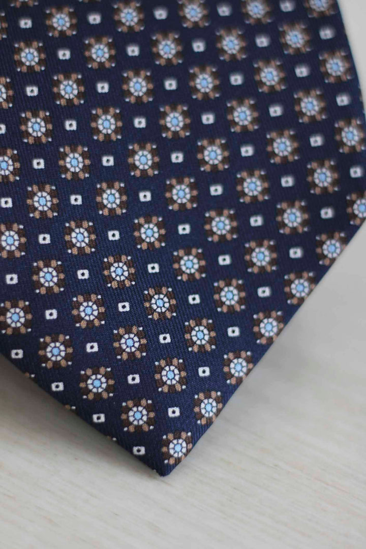 Napoli Blue Silk Tie Circular Geometry White and Mocca Brown