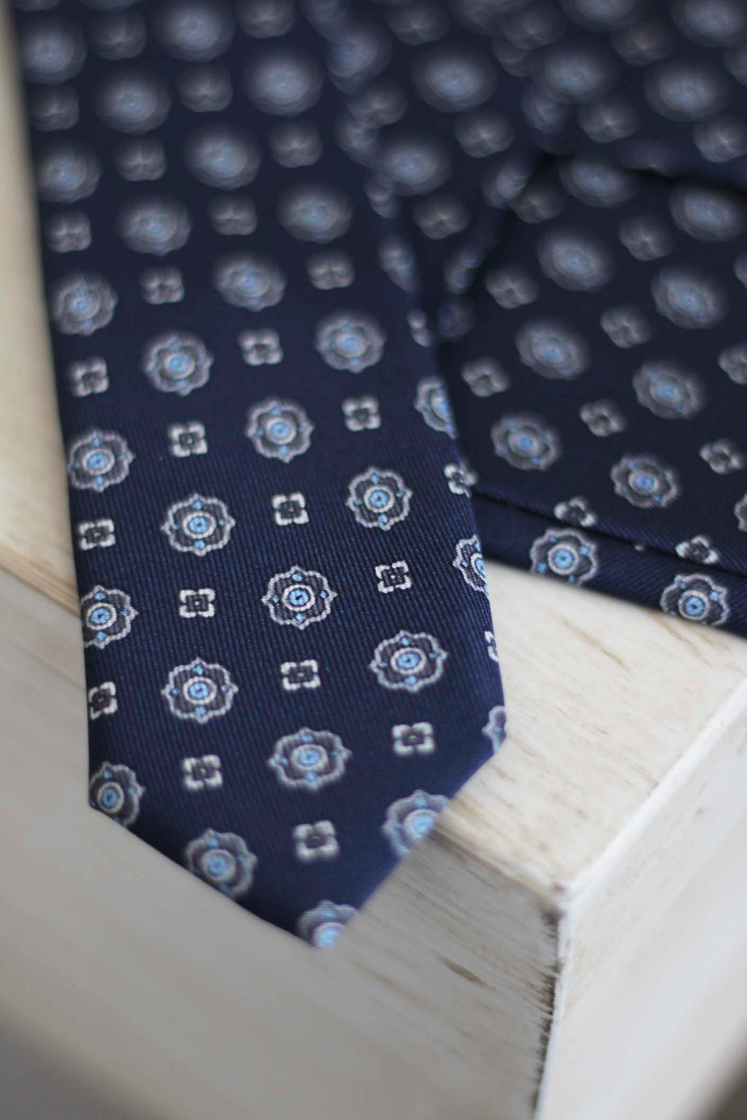 Navy Blue Silk Napoli Tie Lintels Light Blue and Gray Tones
