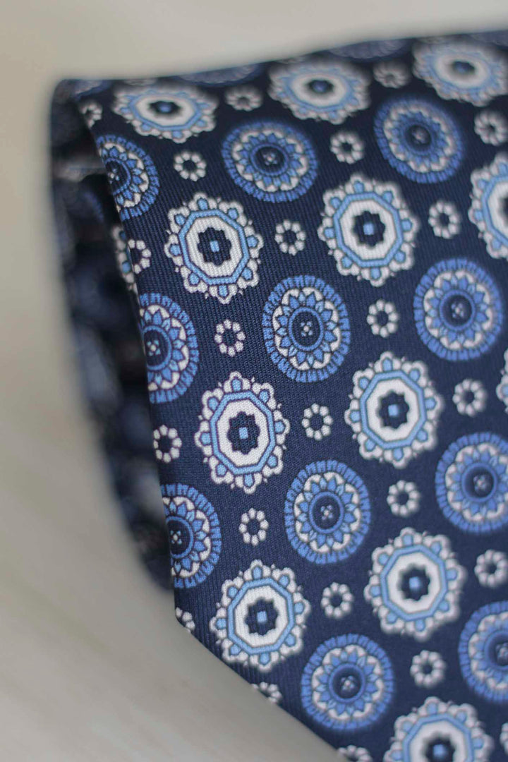 Napoli Navy Blue Silk Tie White and Light Blue Geometry