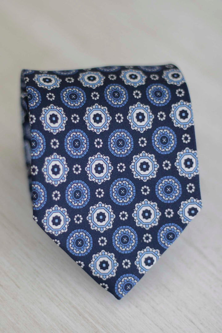 Napoli Navy Blue Silk Tie White and Light Blue Geometry