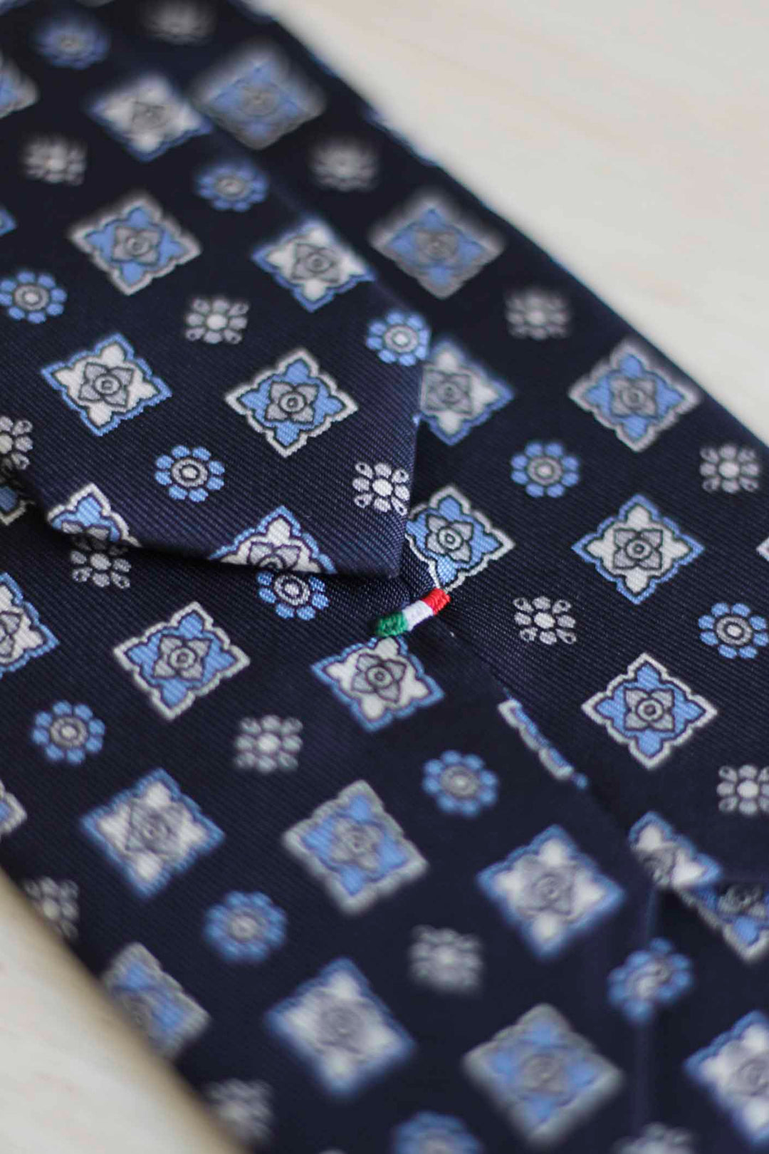 Navy Blue Silk Napoli Tie Starry Geometry Mixed Light Blue and White