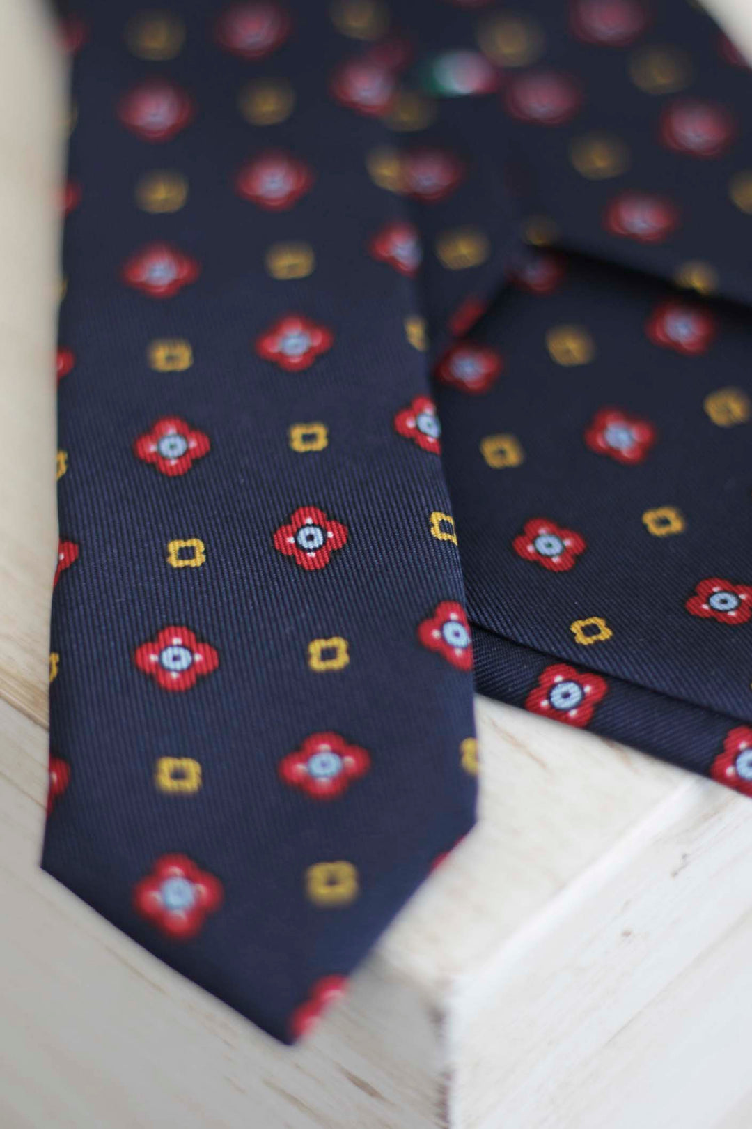 Navy Blue Silk Napoli Tie Mixed Geometry Ruby, Yellow, White and Light Blue