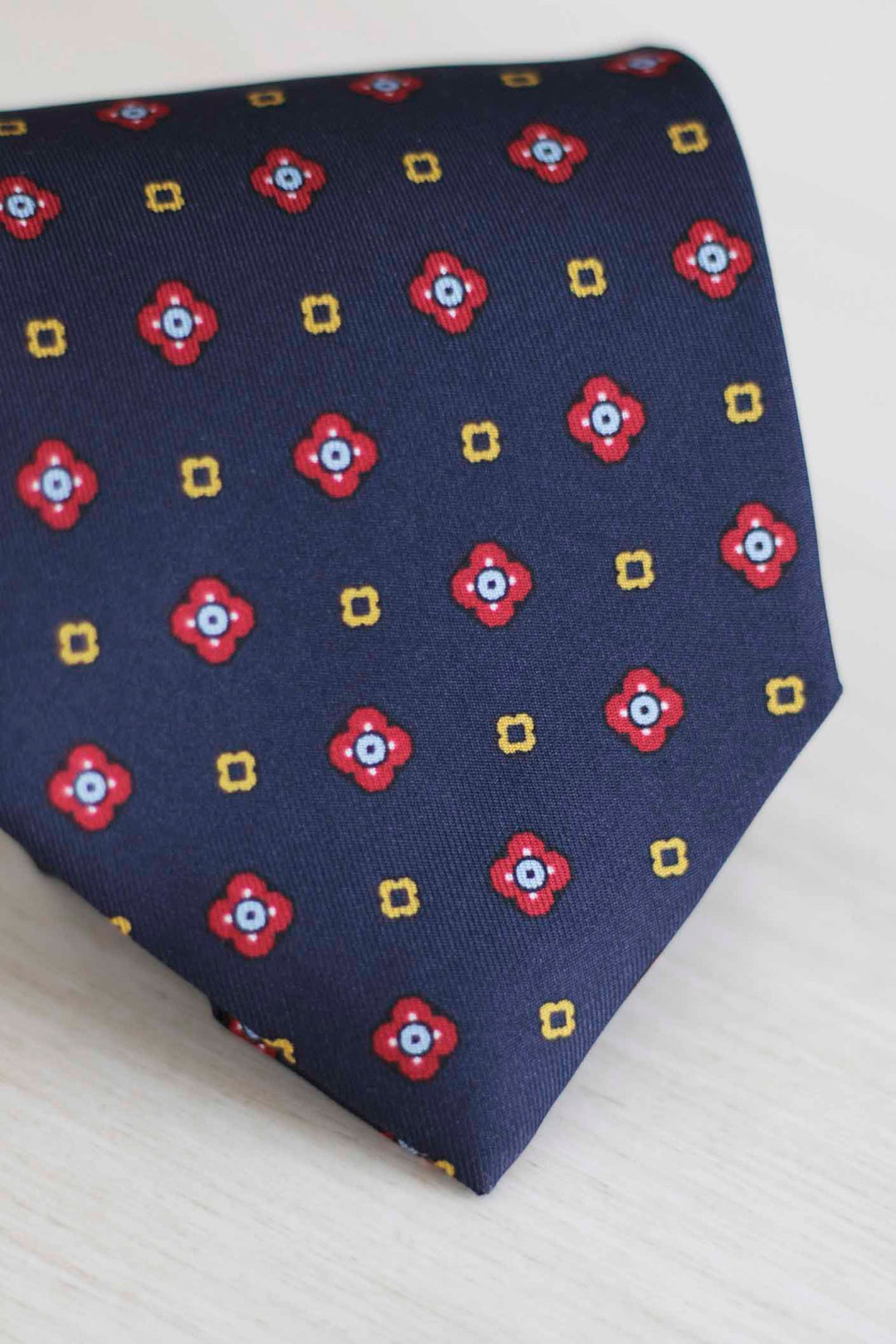 Navy Blue Silk Napoli Tie Mixed Geometry Ruby, Yellow, White and Light Blue