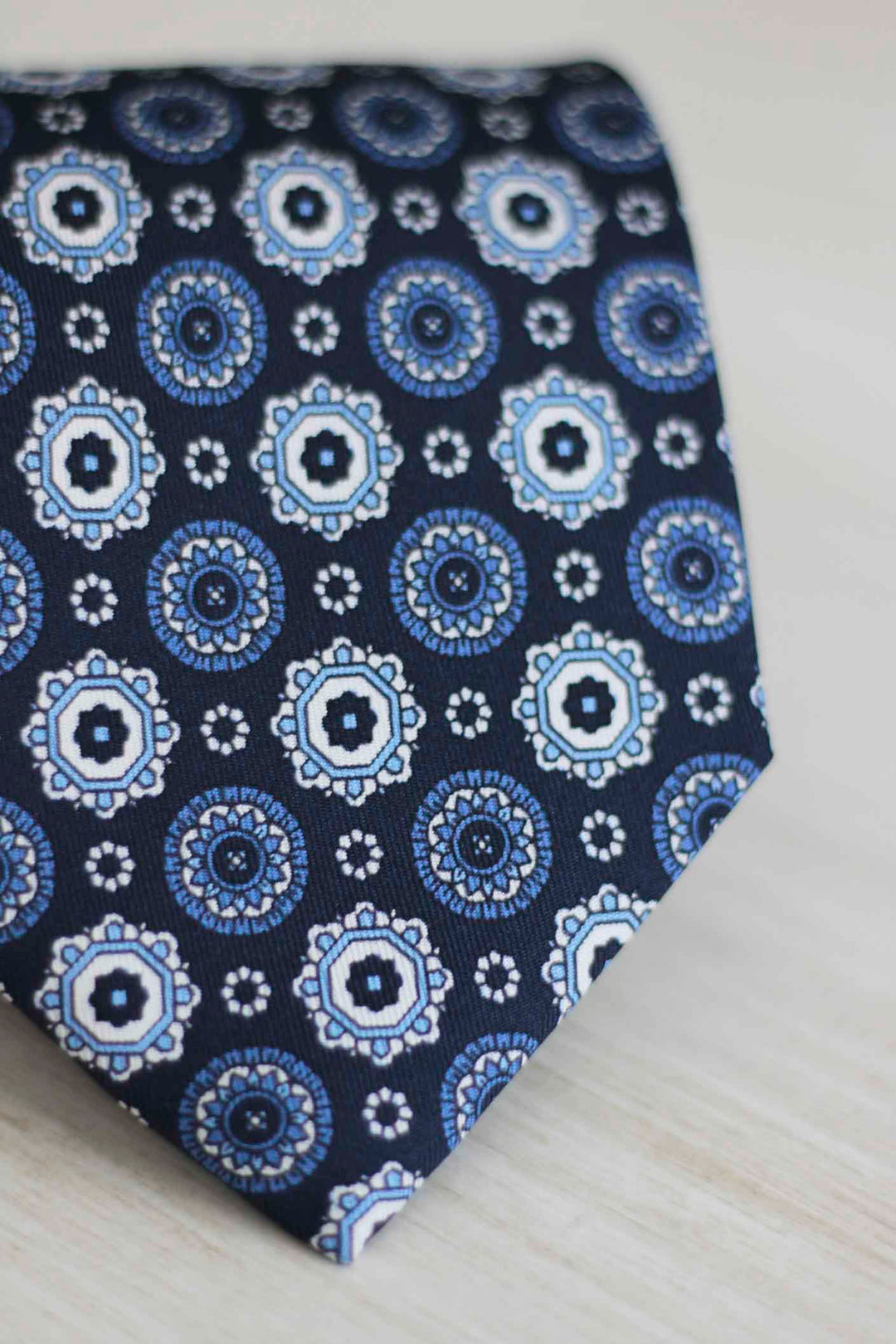 Navy Blue Silk Napoli Tie Mixed White and Light Blue Rosettes