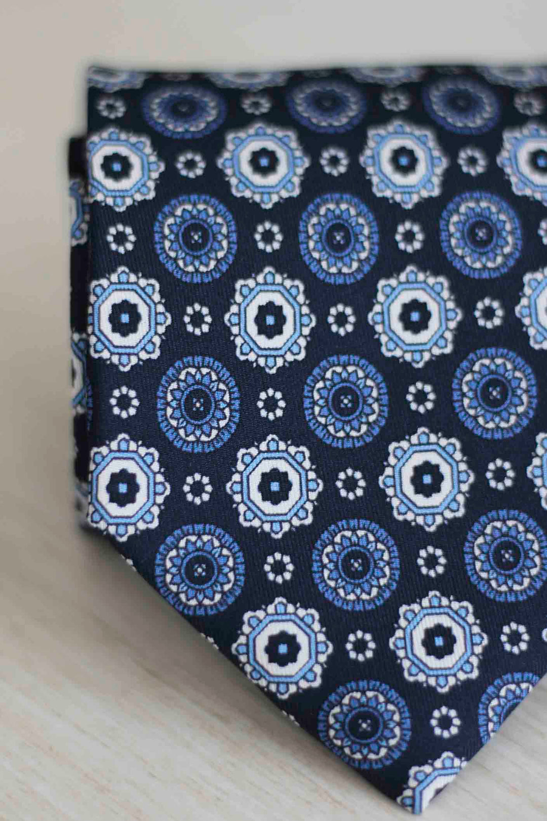 Navy Blue Silk Napoli Tie Mixed White and Light Blue Rosettes